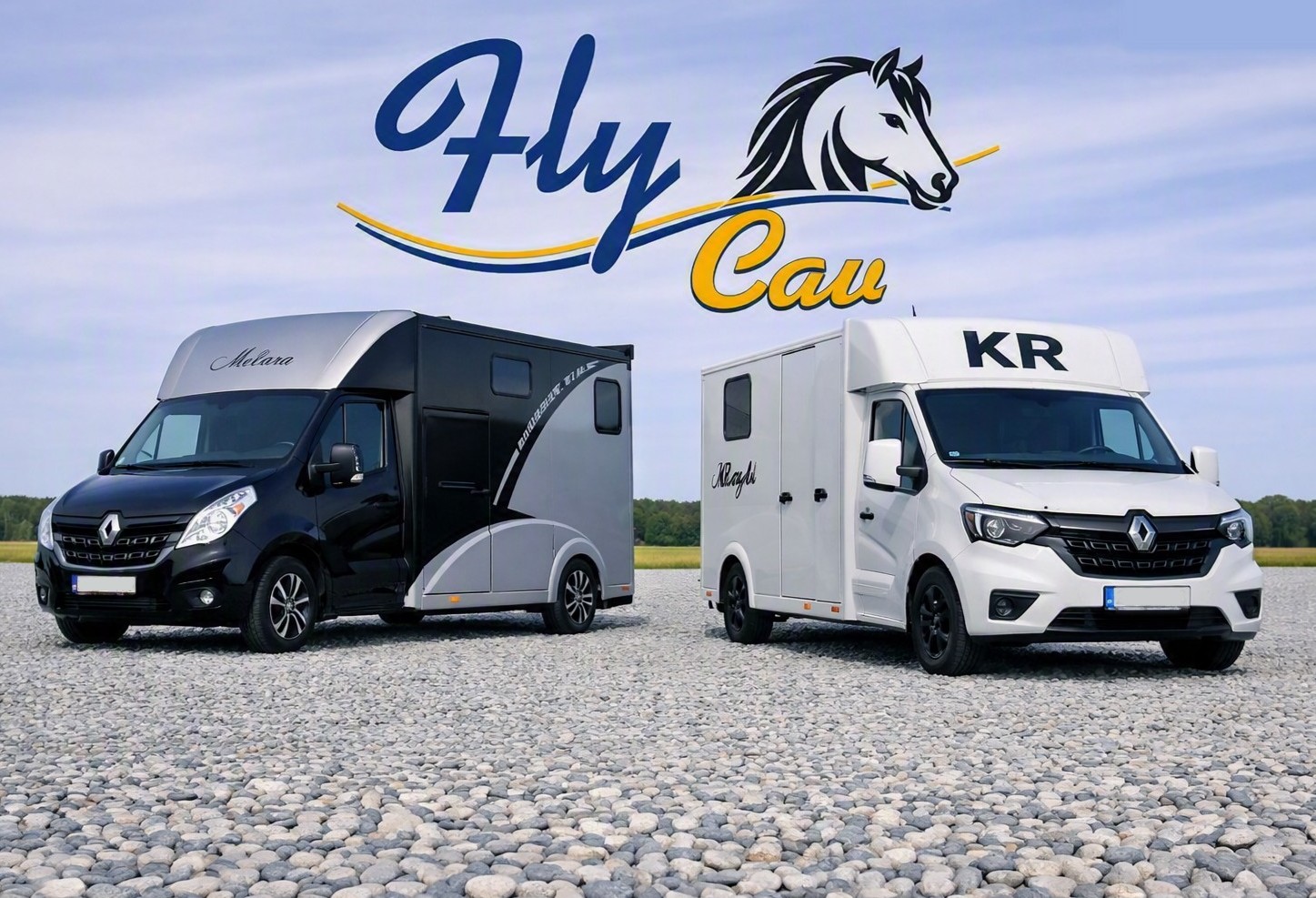 Two modern horse transport vans parked side by side in a gravel lot under a cloudy sky. The left van is dark with a white horse logo and the right van is white with the letters KR on the side. Above them, a large stylized FLYCAV logo with a horse head and blue and yellow lettering curves across the sky. The overall mood is professional, polished and welcoming.